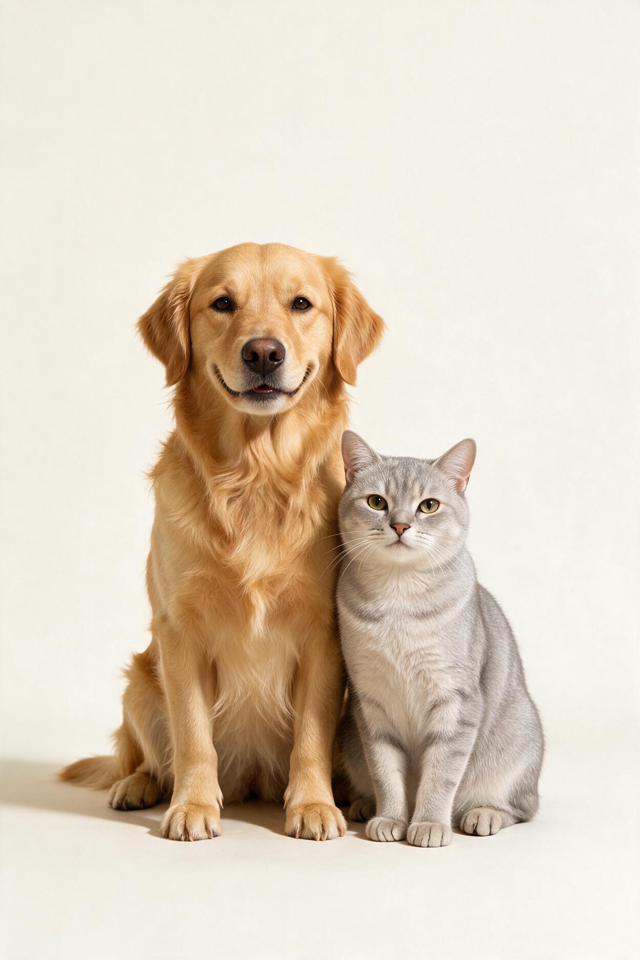 Un perro golden retriever y un gato gris juntos